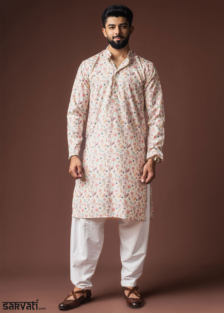 Floral White Blended Linen Kurta with Botanical Print