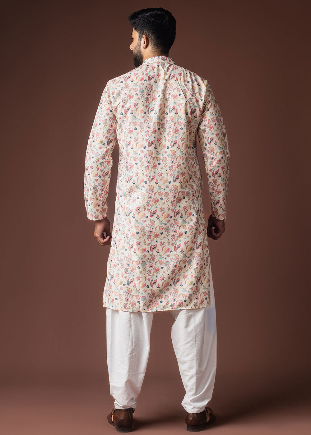 Floral White Blended Linen Kurta with Botanical Print
