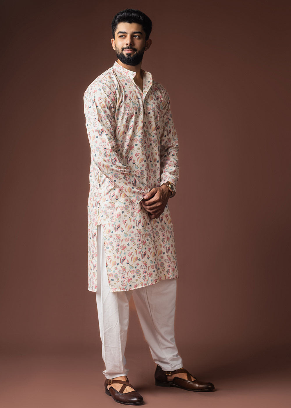 Floral White Blended Linen Kurta with Botanical Print