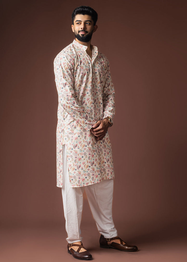 Floral White Blended Linen Kurta with Botanical Print