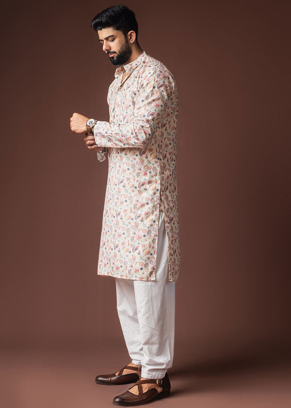 Floral White Blended Linen Kurta with Botanical Print