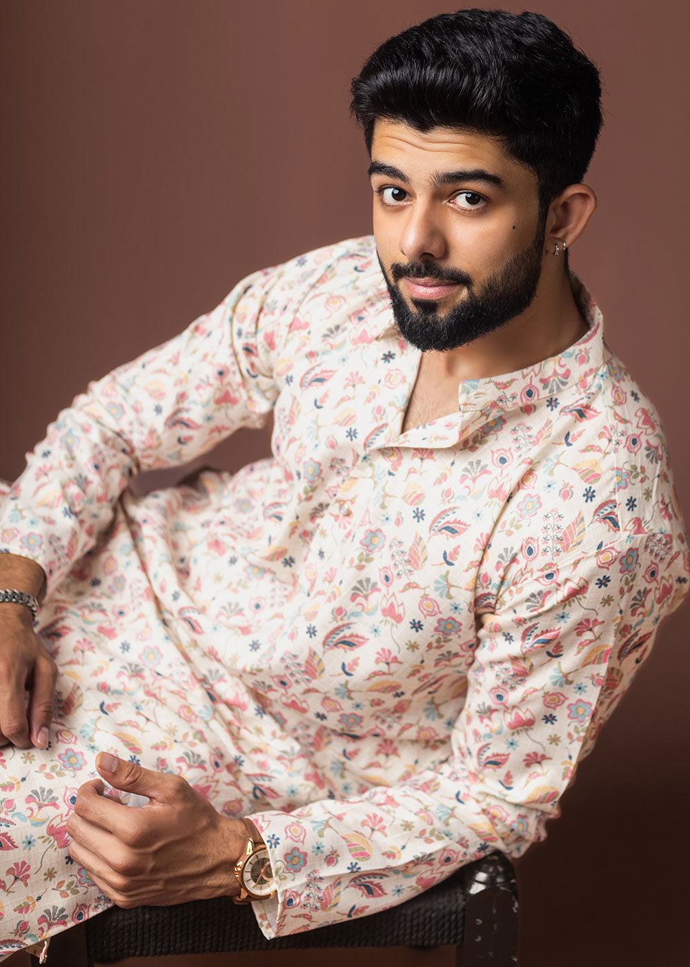 Floral White Blended Linen Kurta with Botanical Print