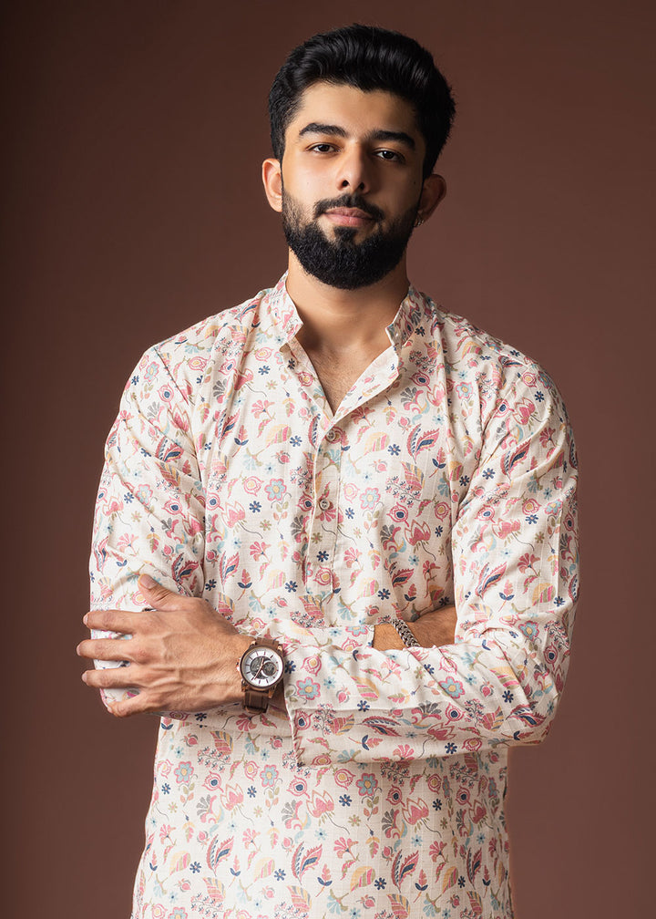 Floral White Blended Linen Kurta with Botanical Print