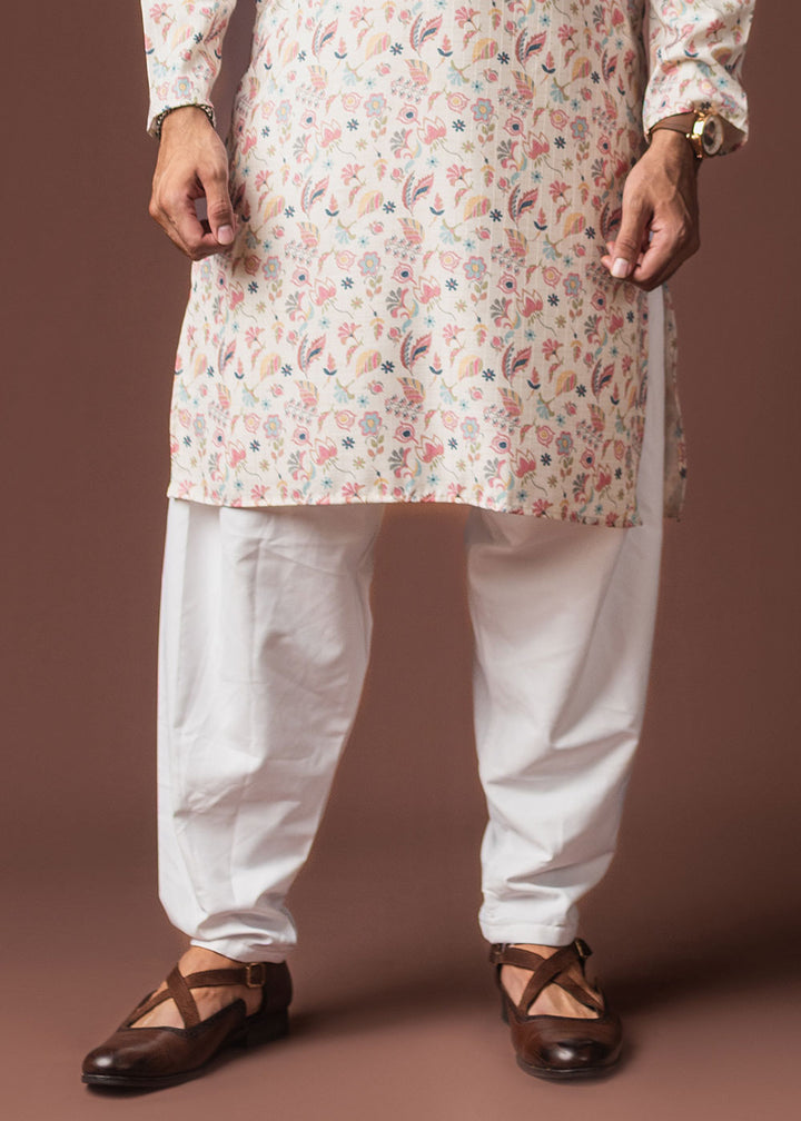 Floral White Blended Linen Kurta with Botanical Print