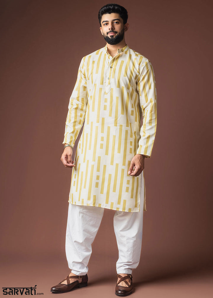Pastel Yellow Blended Linen Kurta with Segmented Line Print