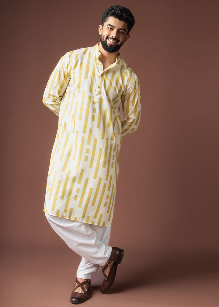Pastel Yellow Blended Linen Kurta with Segmented Line Print