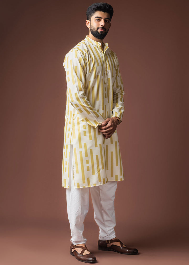 Pastel Yellow Blended Linen Kurta with Segmented Line Print