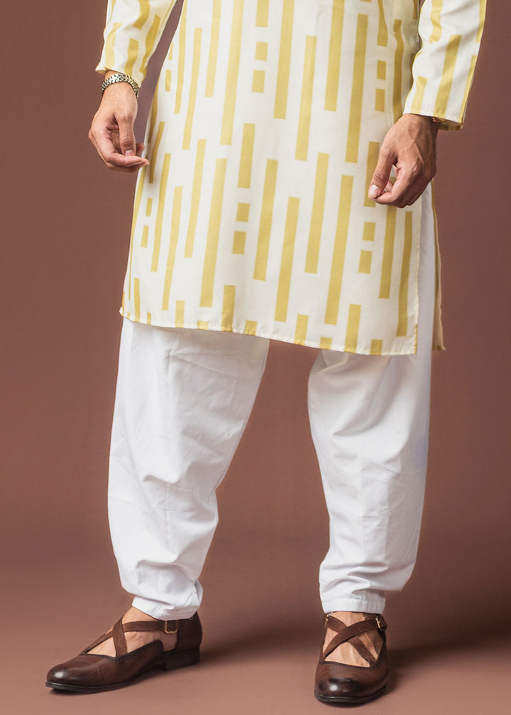 Pastel Yellow Blended Linen Kurta with Segmented Line Print