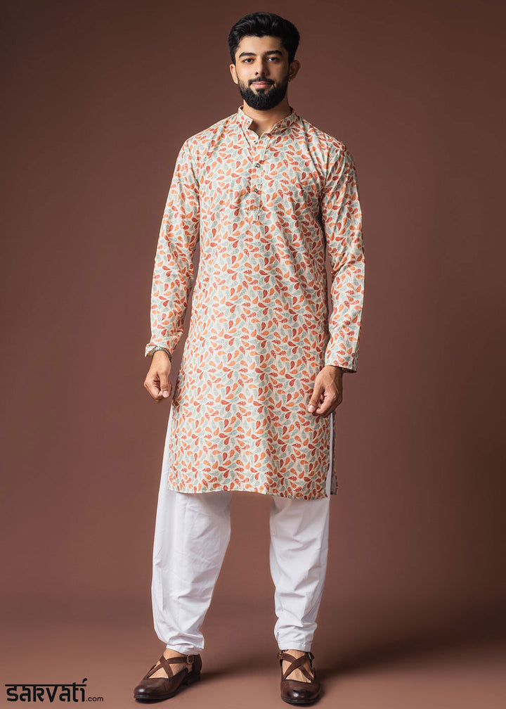 Snow White Blended Linen Kurta with Curved Dash Print