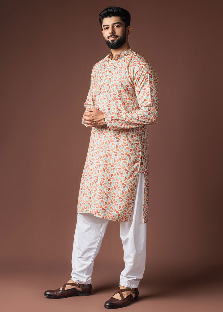 Snow White Blended Linen Kurta with Curved Dash Print