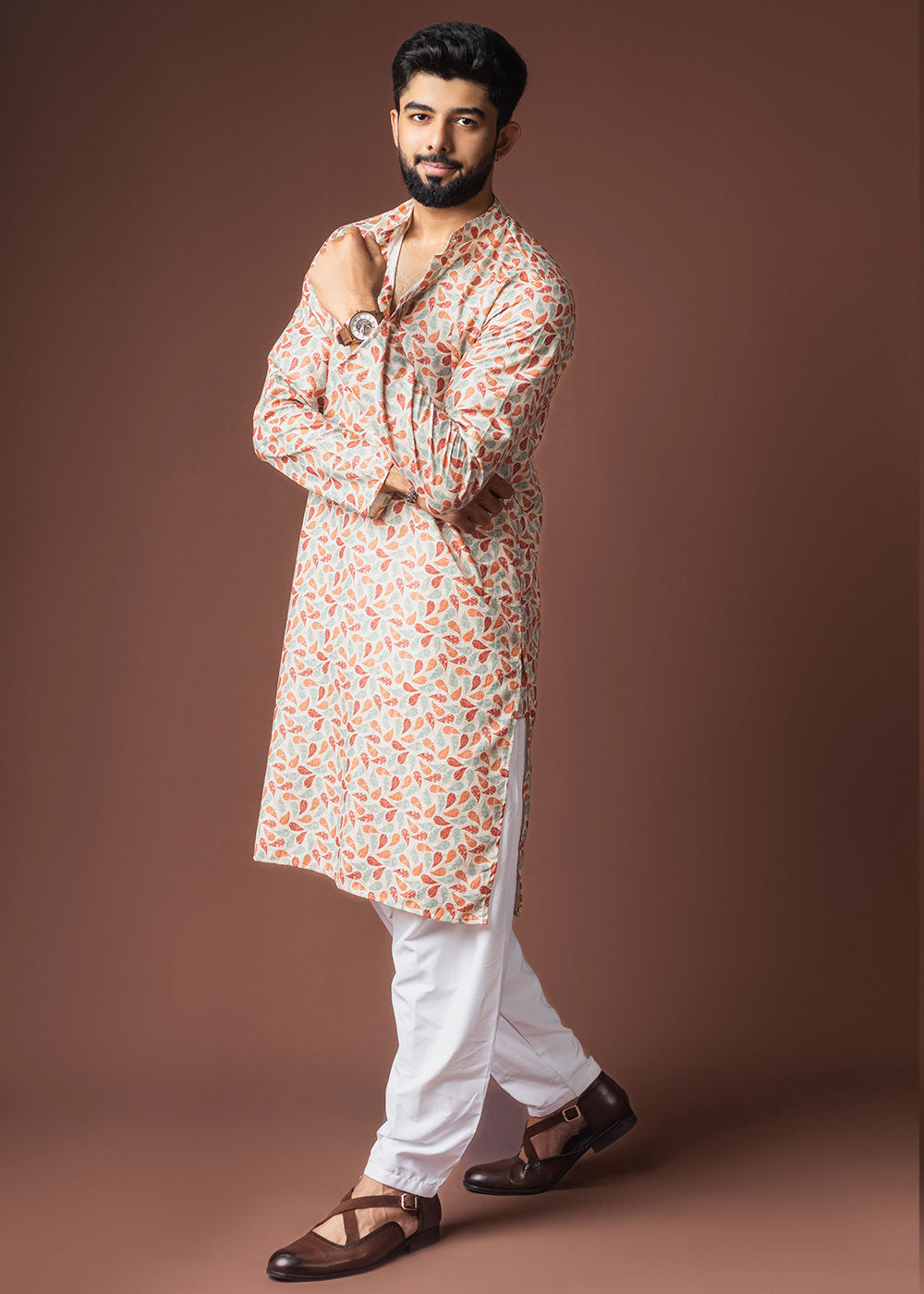 Snow White Blended Linen Kurta with Curved Dash Print