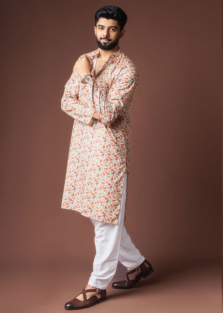 Snow White Blended Linen Kurta with Curved Dash Print