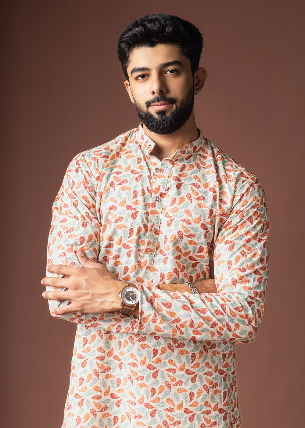Snow White Blended Linen Kurta with Curved Dash Print