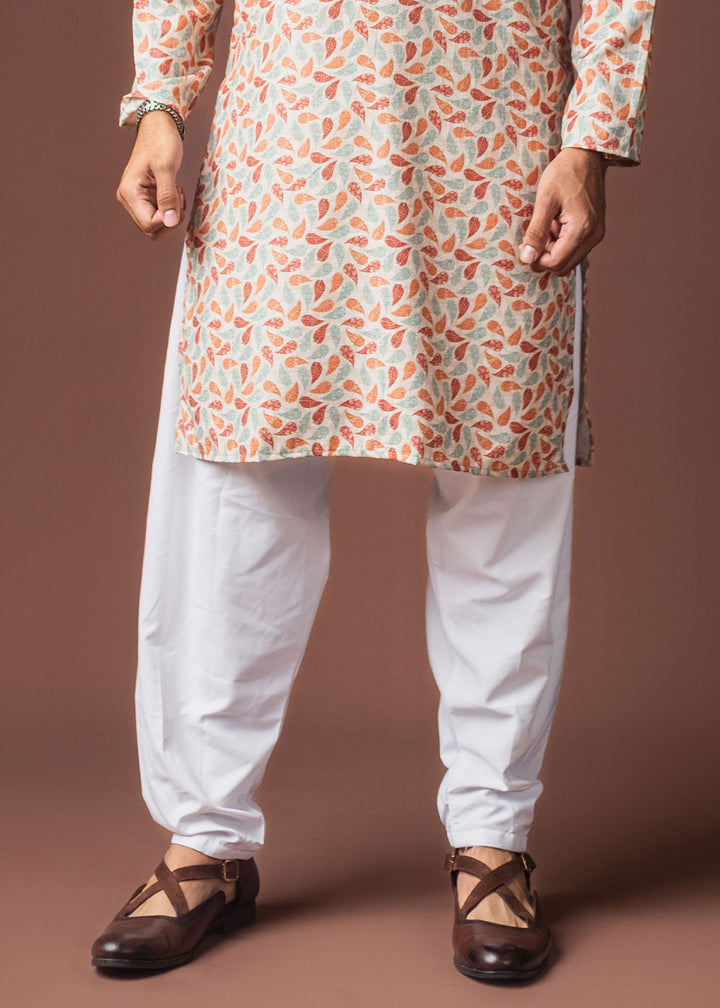 Snow White Blended Linen Kurta with Curved Dash Print