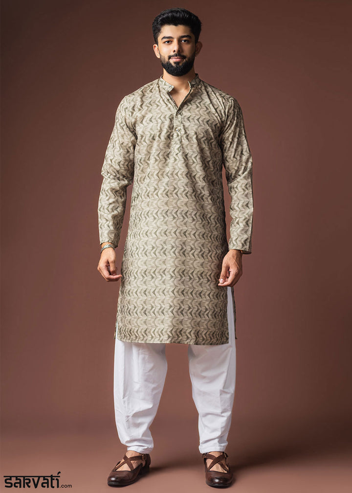 Artichoke Green Blended Linen Kurta with Soft Chevron Pattern
