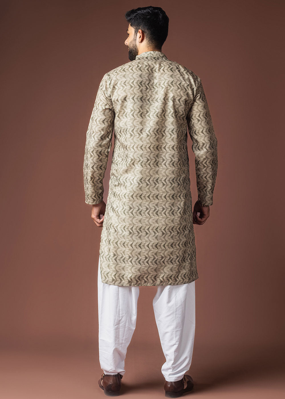 Artichoke Green Blended Linen Kurta with Soft Chevron Pattern