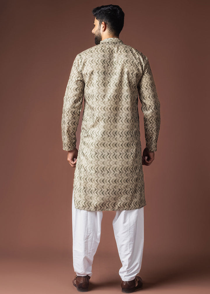 Artichoke Green Blended Linen Kurta with Soft Chevron Pattern