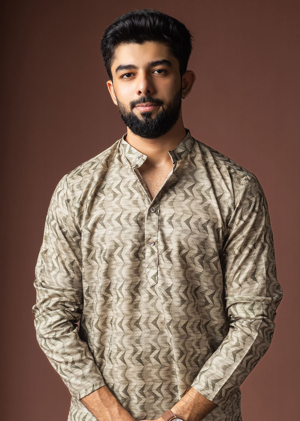 Artichoke Green Blended Linen Kurta with Soft Chevron Pattern