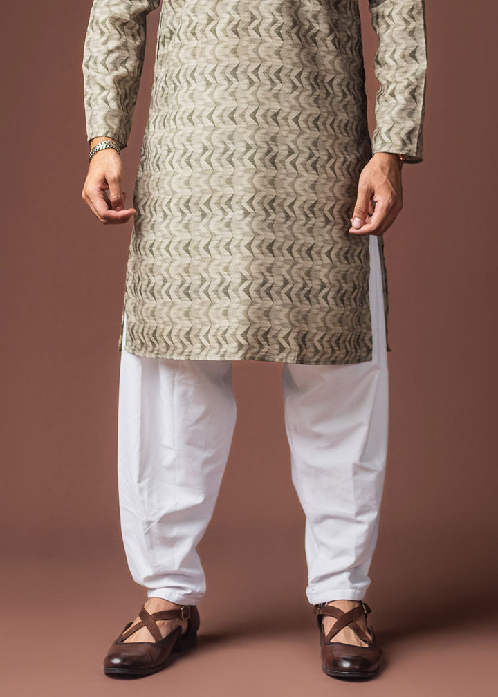 Artichoke Green Blended Linen Kurta with Soft Chevron Pattern