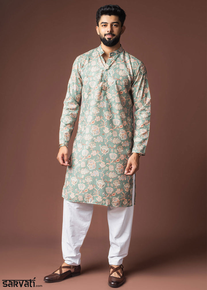 Cyan Opaque Blue Blended Linen Kurta with Floral Impressions