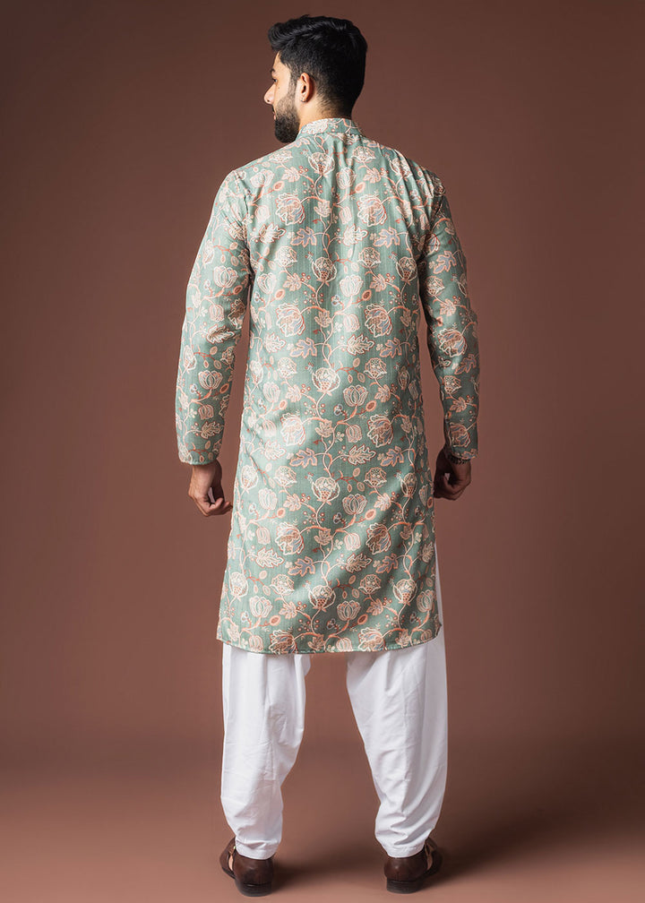 Cyan Opaque Blue Blended Linen Kurta with Floral Impressions