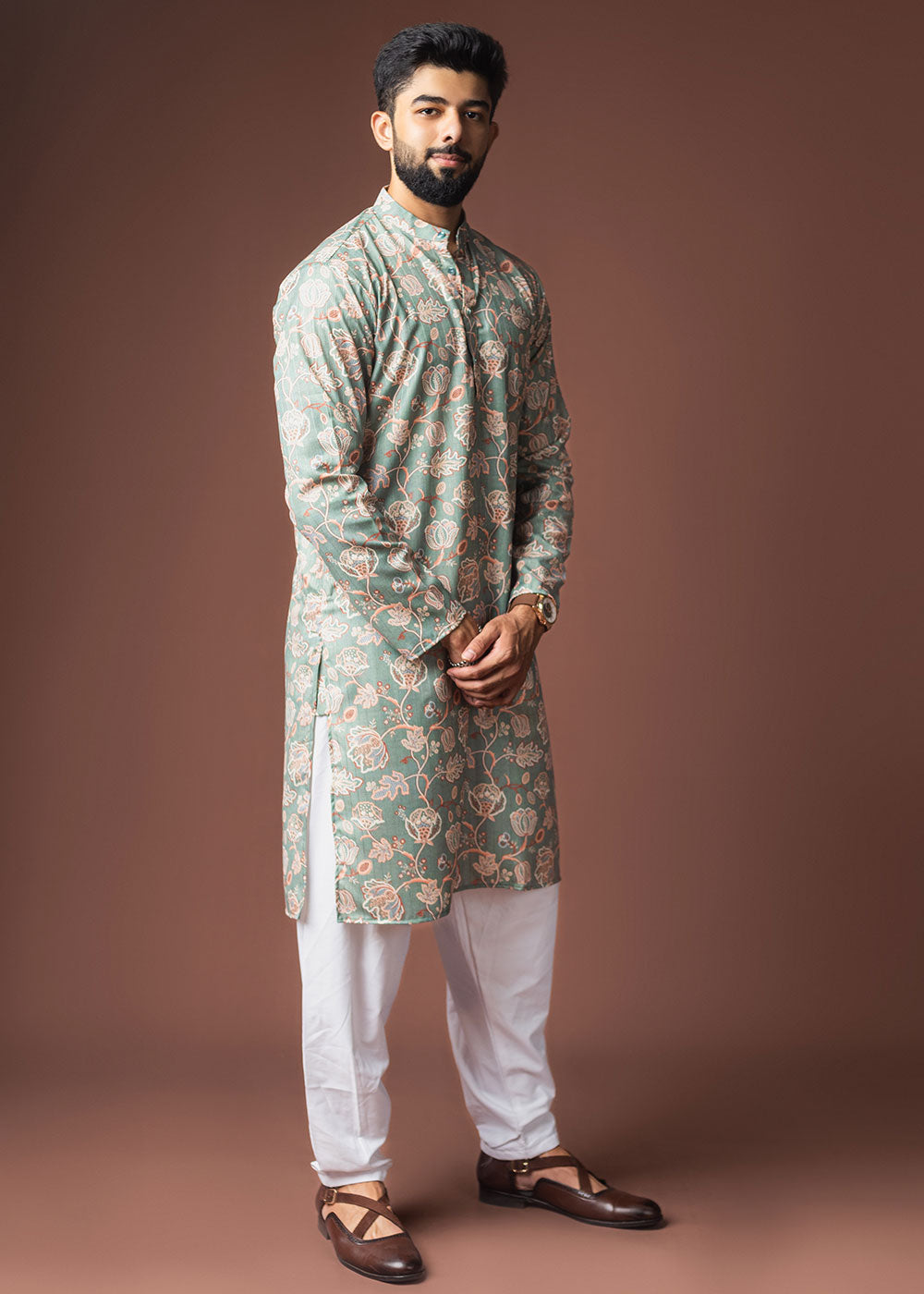 Cyan Opaque Blue Blended Linen Kurta with Floral Impressions