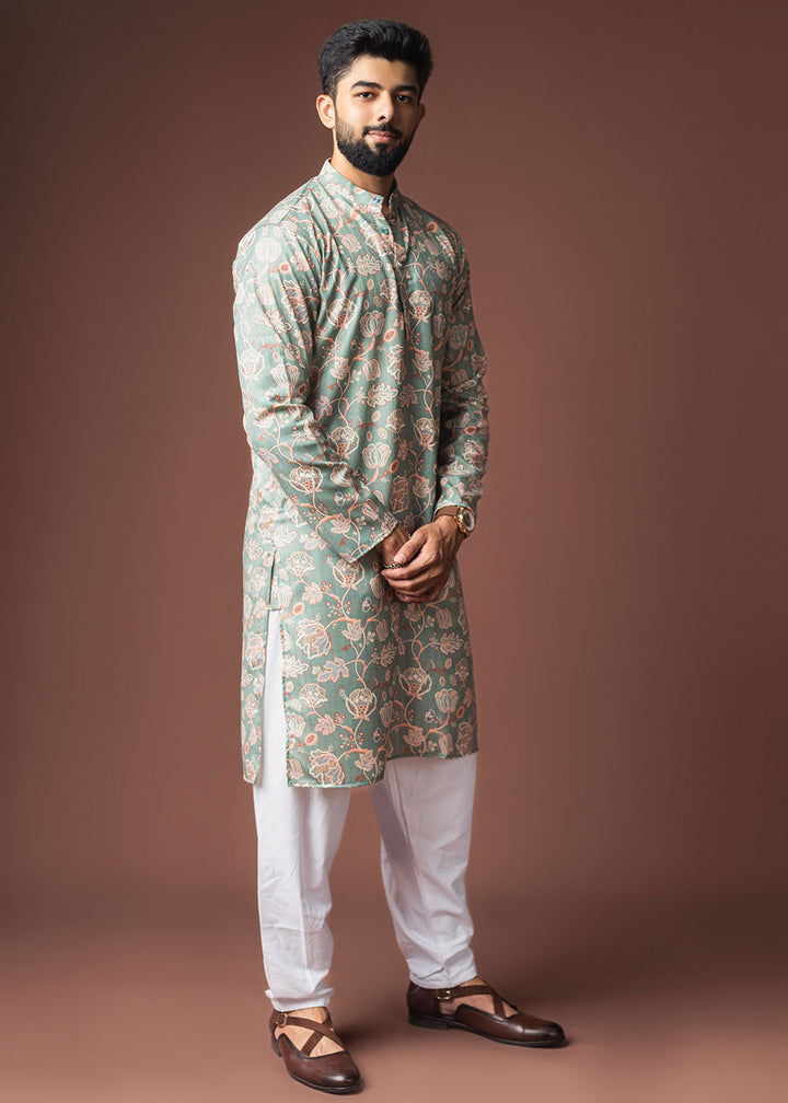 Cyan Opaque Blue Blended Linen Kurta with Floral Impressions
