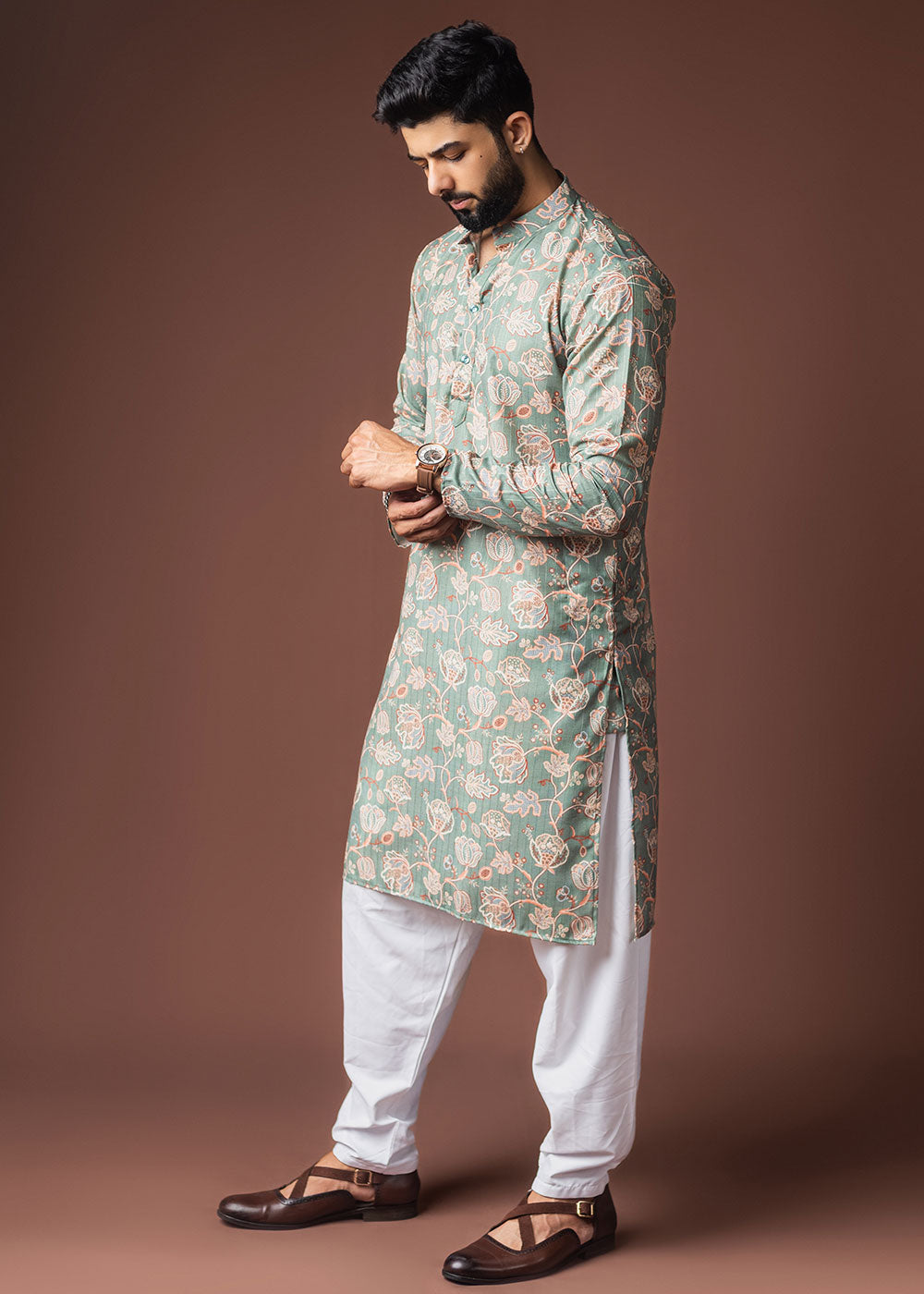 Cyan Opaque Blue Blended Linen Kurta with Floral Impressions
