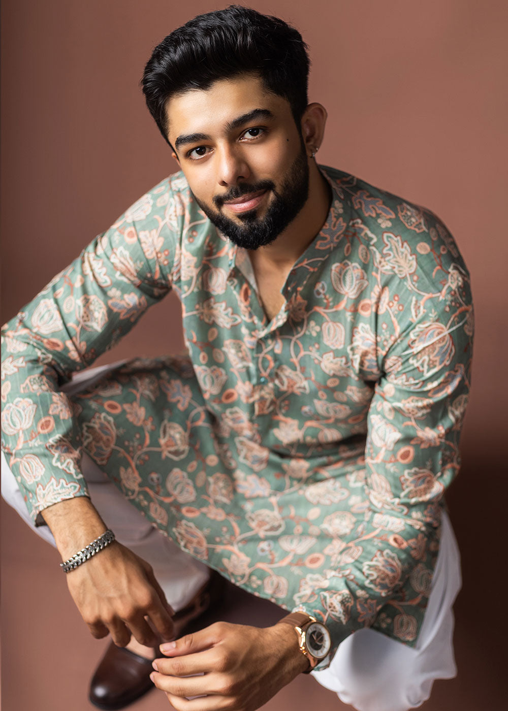 Cyan Opaque Blue Blended Linen Kurta with Floral Impressions