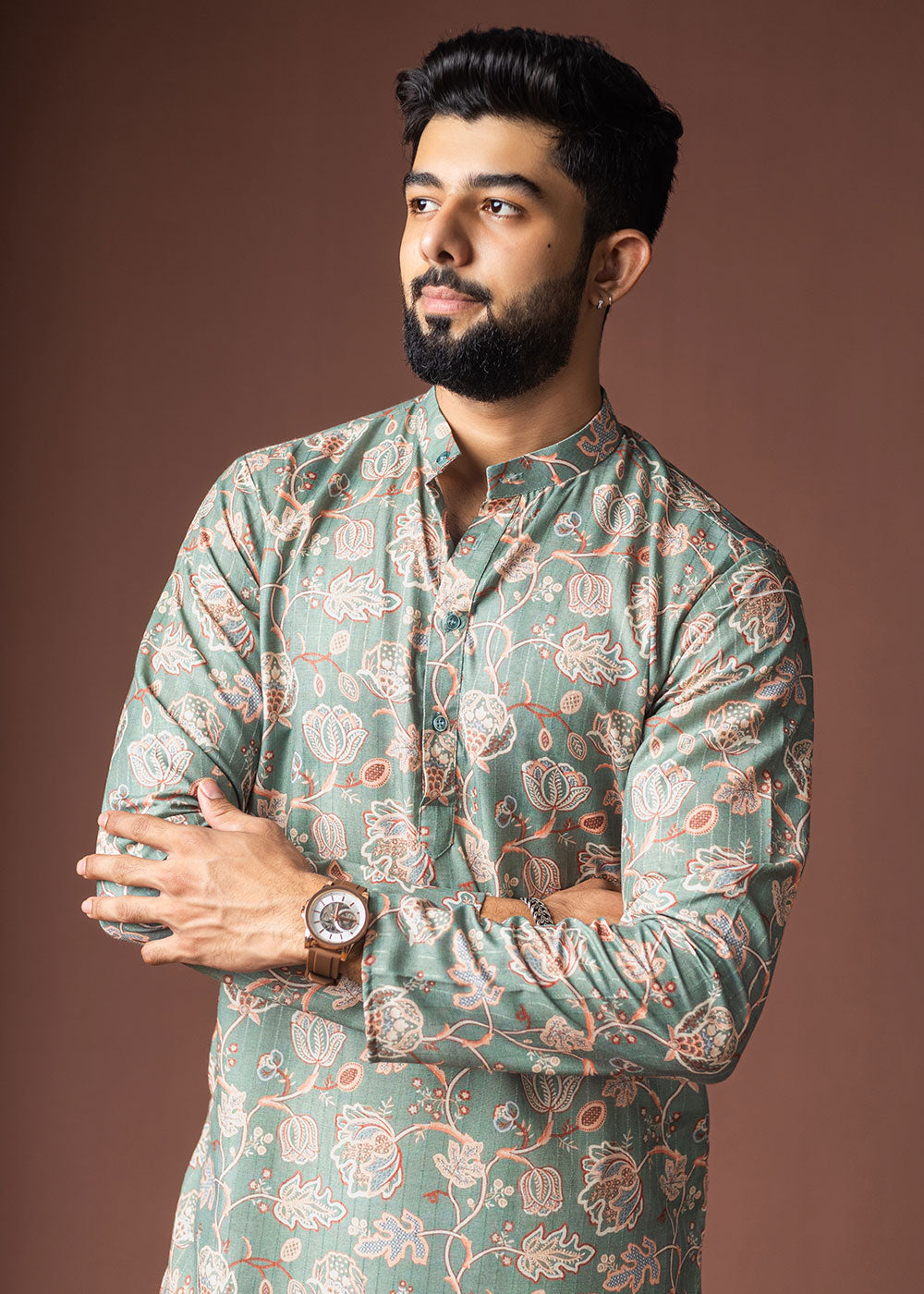 Cyan Opaque Blue Blended Linen Kurta with Floral Impressions