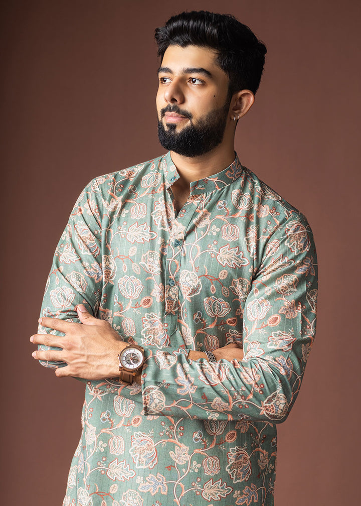 Cyan Opaque Blue Blended Linen Kurta with Floral Impressions