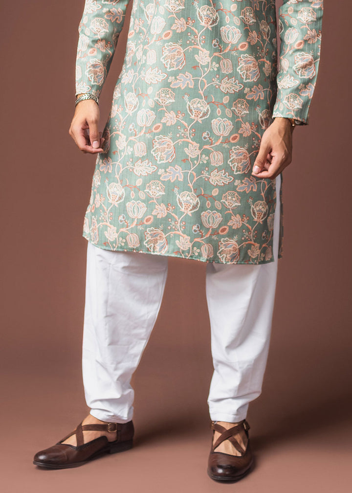 Cyan Opaque Blue Blended Linen Kurta with Floral Impressions