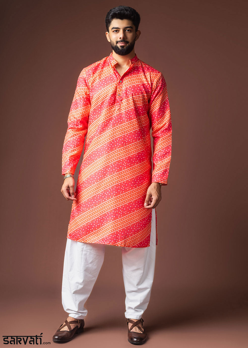Pink &amp; Orange Blended Linen Kurta with Bandhani-Inspired Print