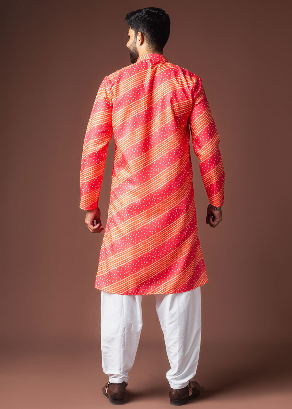 Pink & Orange Blended Linen Kurta with Bandhani-Inspired Print