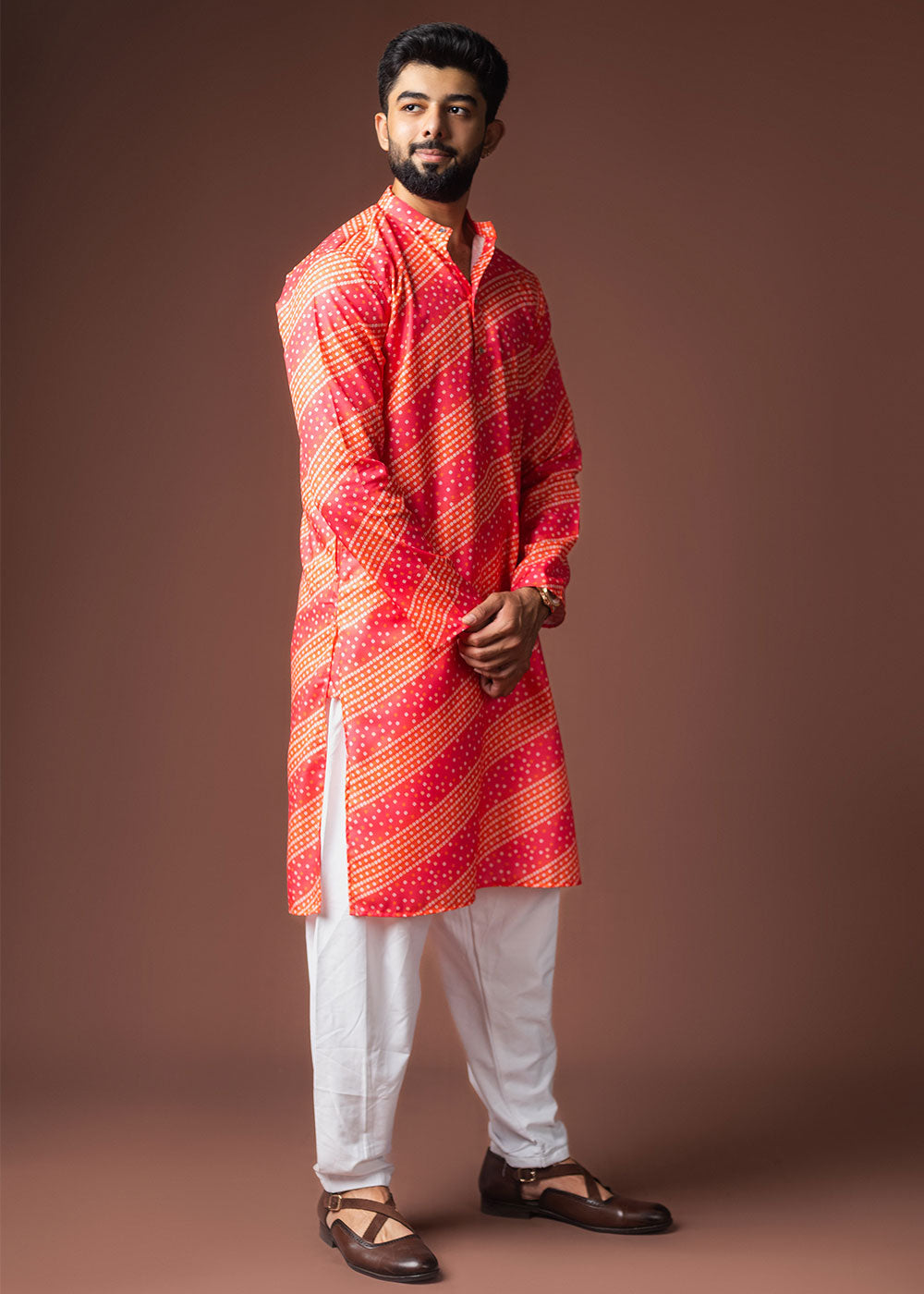 Pink &amp; Orange Blended Linen Kurta with Bandhani-Inspired Print