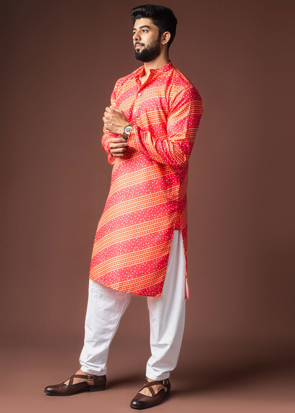 Pink &amp; Orange Blended Linen Kurta with Bandhani-Inspired Print