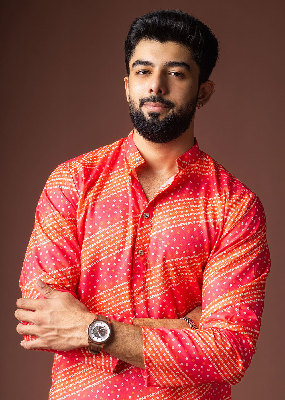 Pink &amp; Orange Blended Linen Kurta with Bandhani-Inspired Print