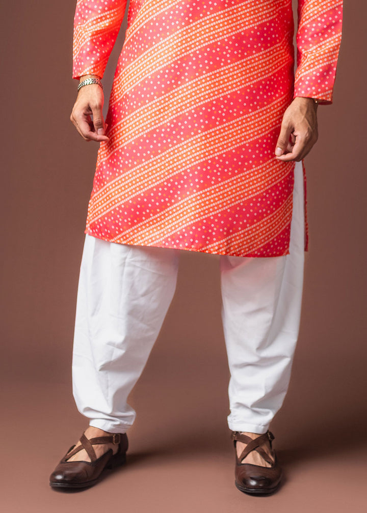 Pink &amp; Orange Blended Linen Kurta with Bandhani-Inspired Print