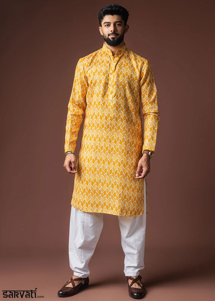 Golden Yellow Blended Linen Kurta with Flame-Leaf Fusion Print