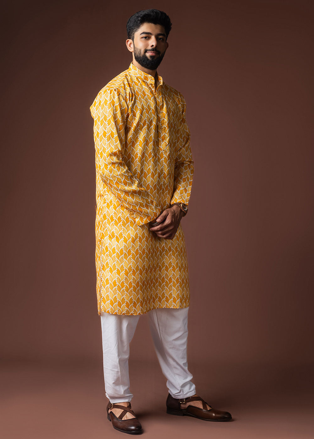 Golden Yellow Blended Linen Kurta with Flame-Leaf Fusion Print