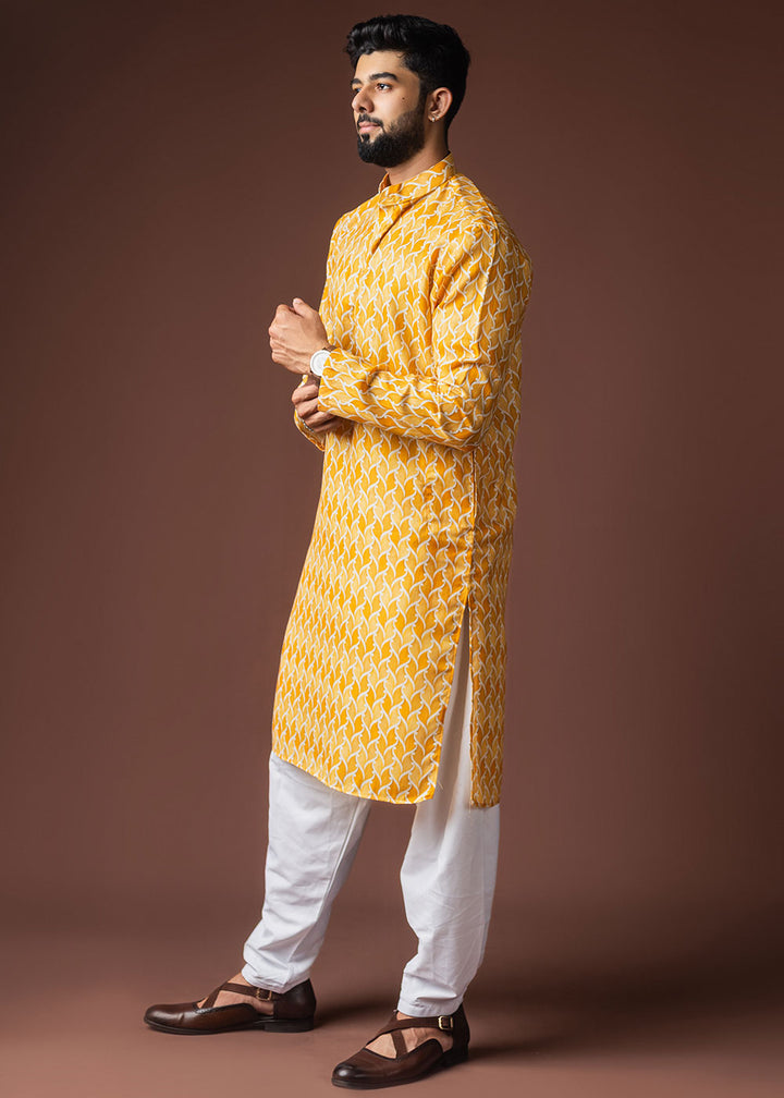 Golden Yellow Blended Linen Kurta with Flame-Leaf Fusion Print