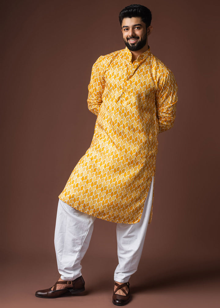 Golden Yellow Blended Linen Kurta with Flame-Leaf Fusion Print