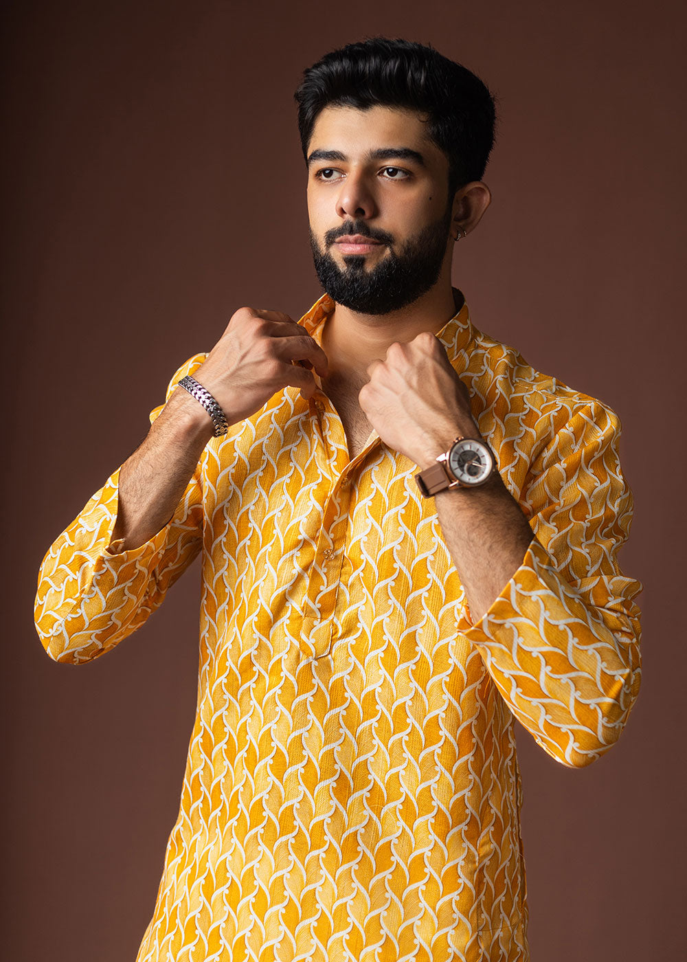 Golden Yellow Blended Linen Kurta with Flame-Leaf Fusion Print