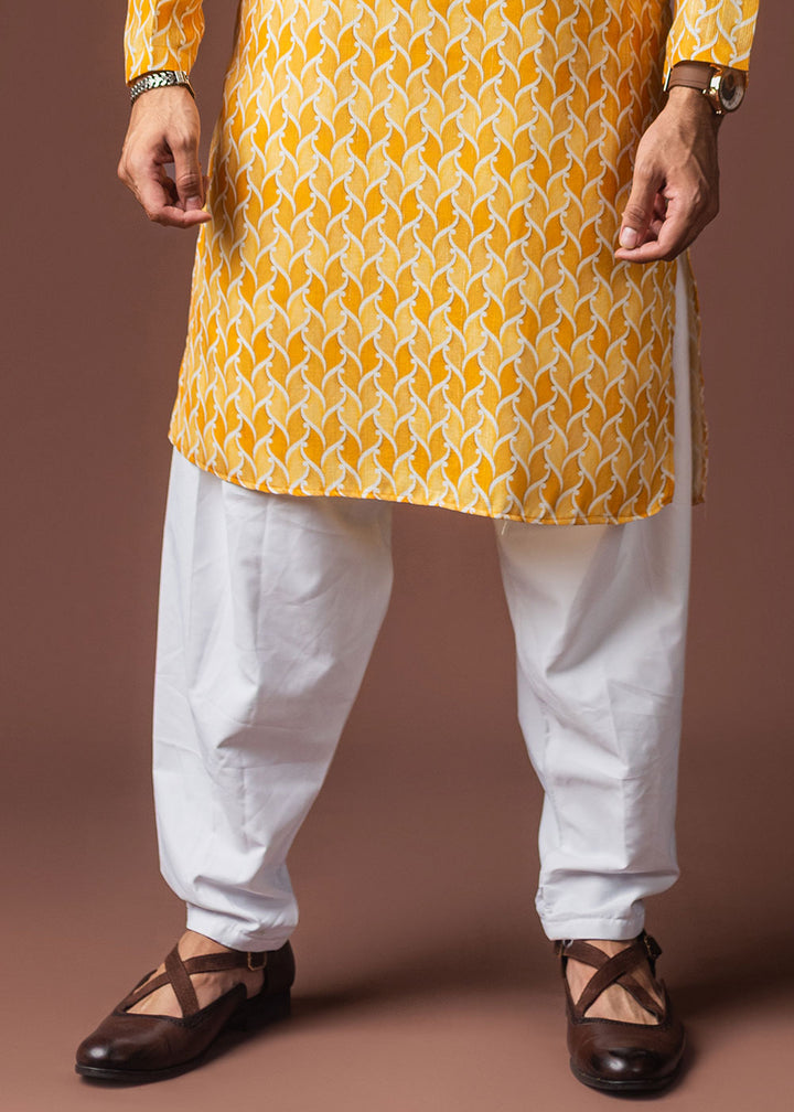 Golden Yellow Blended Linen Kurta with Flame-Leaf Fusion Print