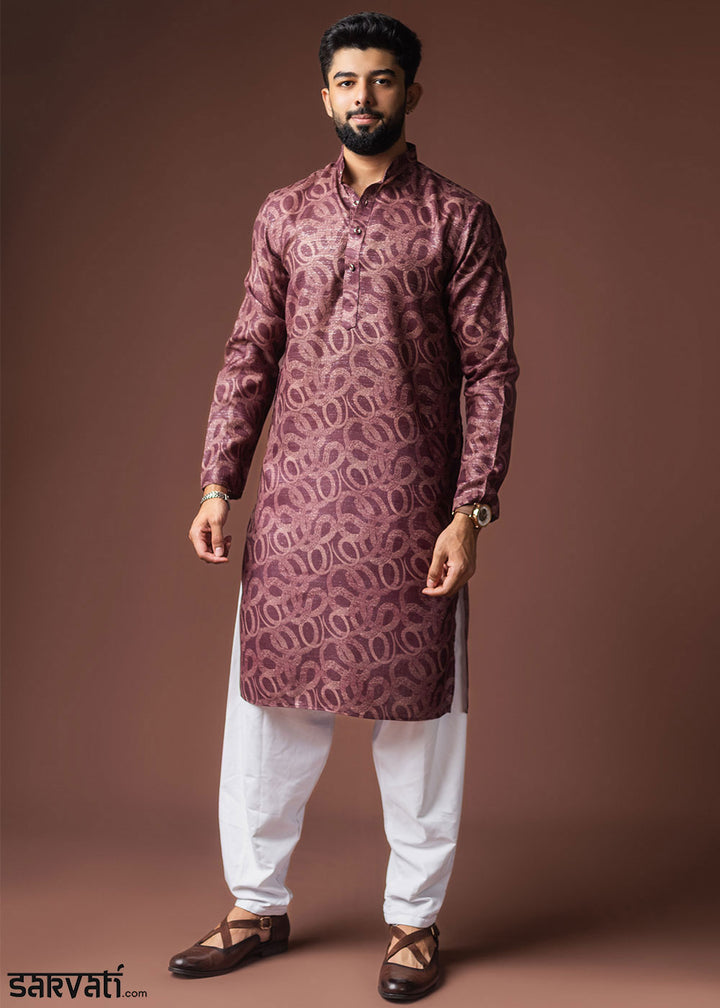 Merlot Purple Blended Linen Kurta with Swirl-Form Print