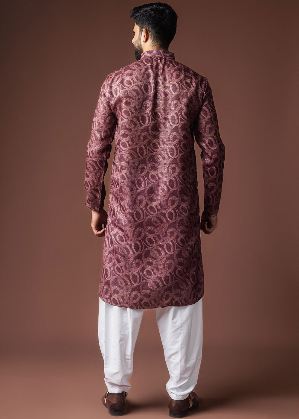 Merlot Purple Blended Linen Kurta with Swirl-Form Print