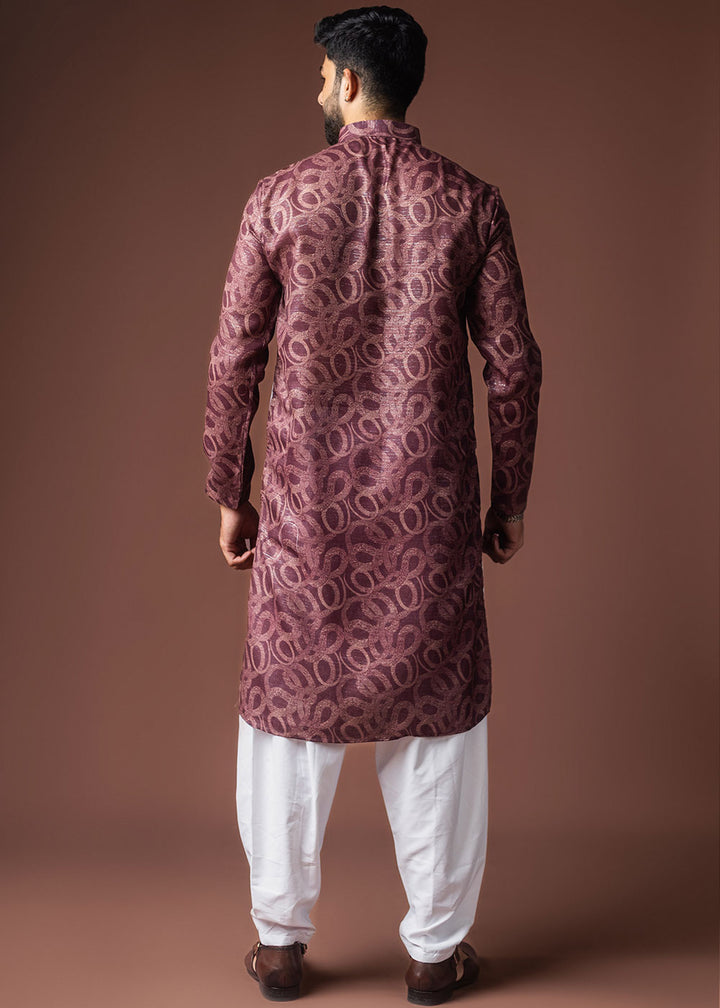 Merlot Purple Blended Linen Kurta with Swirl-Form Print
