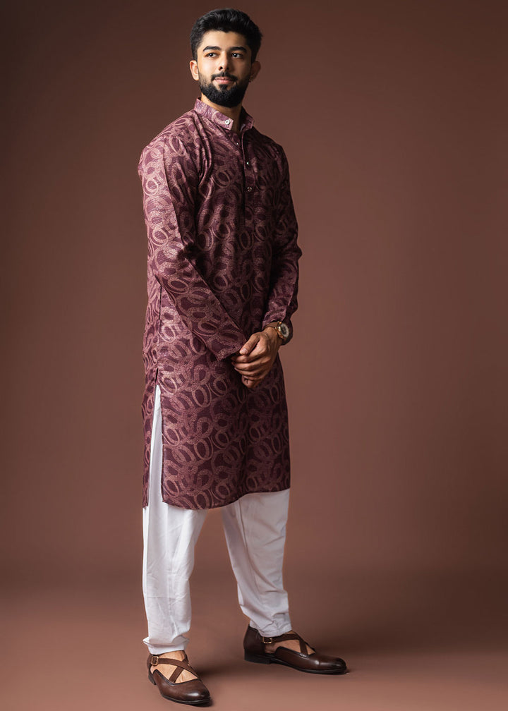 Merlot Purple Blended Linen Kurta with Swirl-Form Print