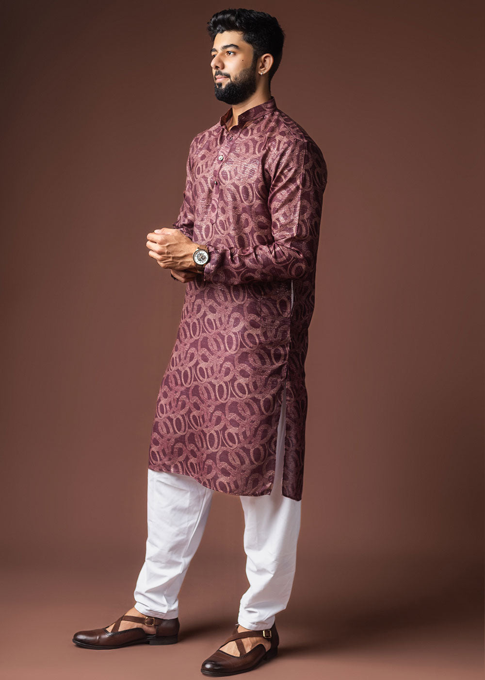 Merlot Purple Blended Linen Kurta with Swirl-Form Print