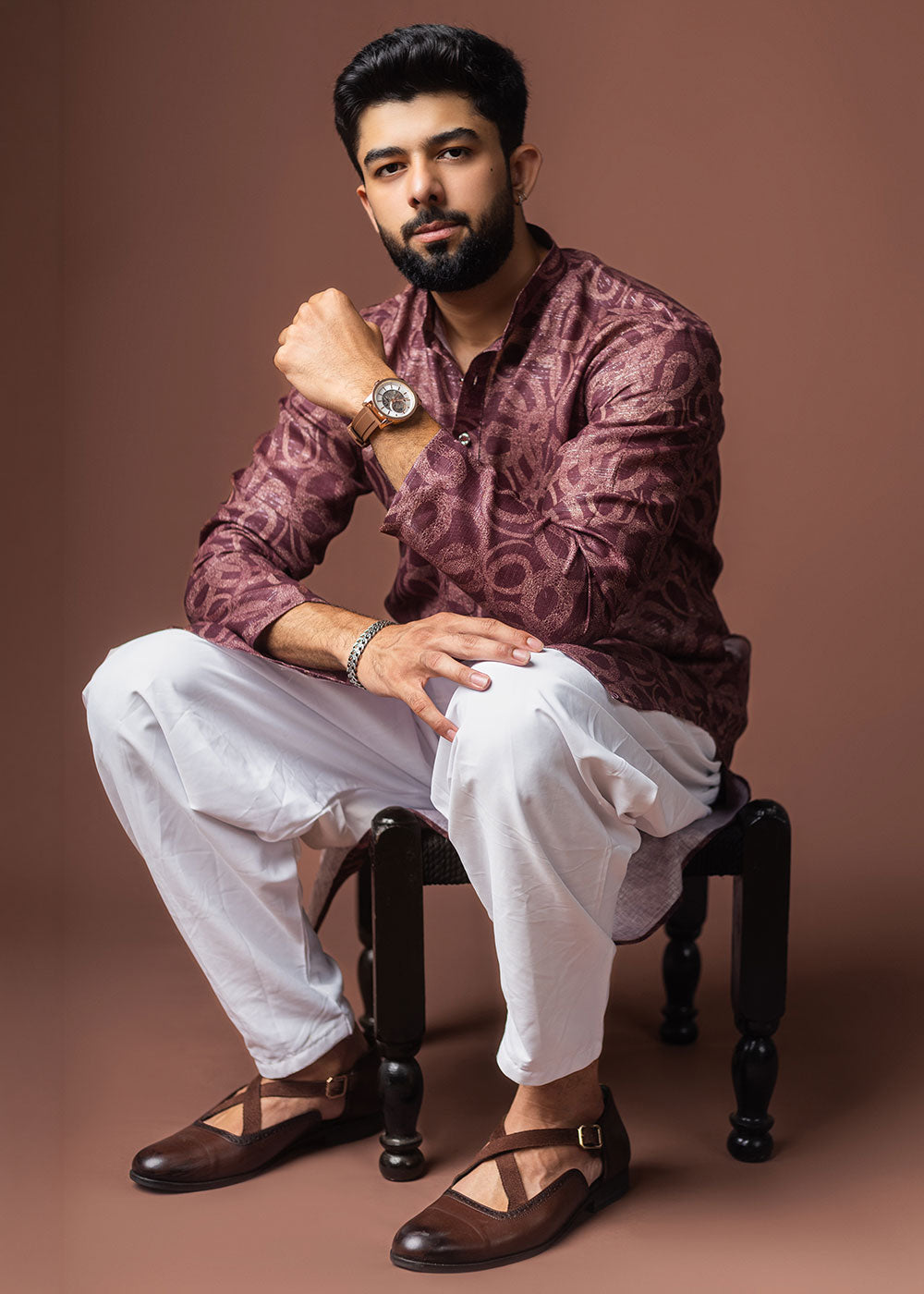 Merlot Purple Blended Linen Kurta with Swirl-Form Print